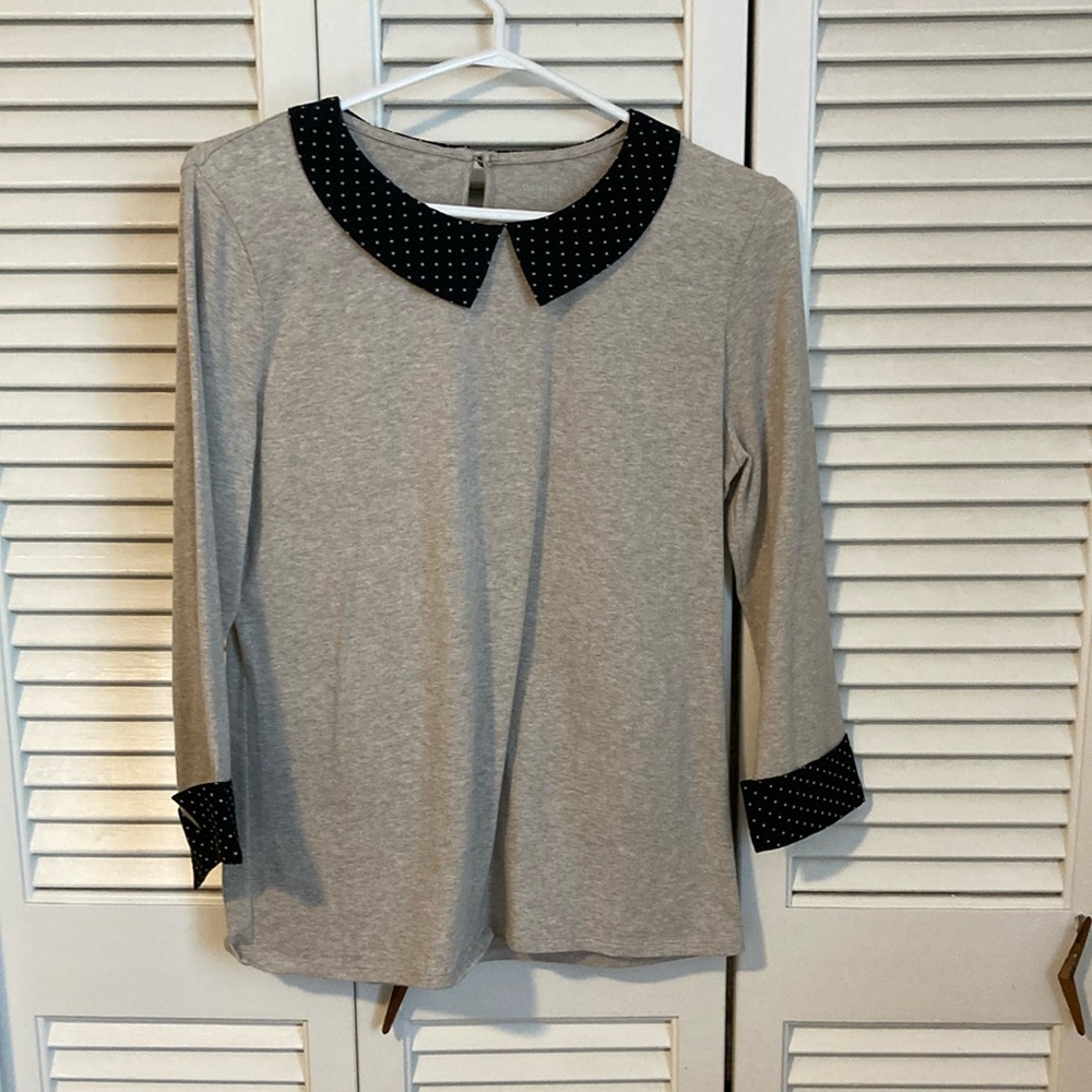 Garnet Hill Gray and Black 3/4 Sleeve Blouse with Peter Pan Collar